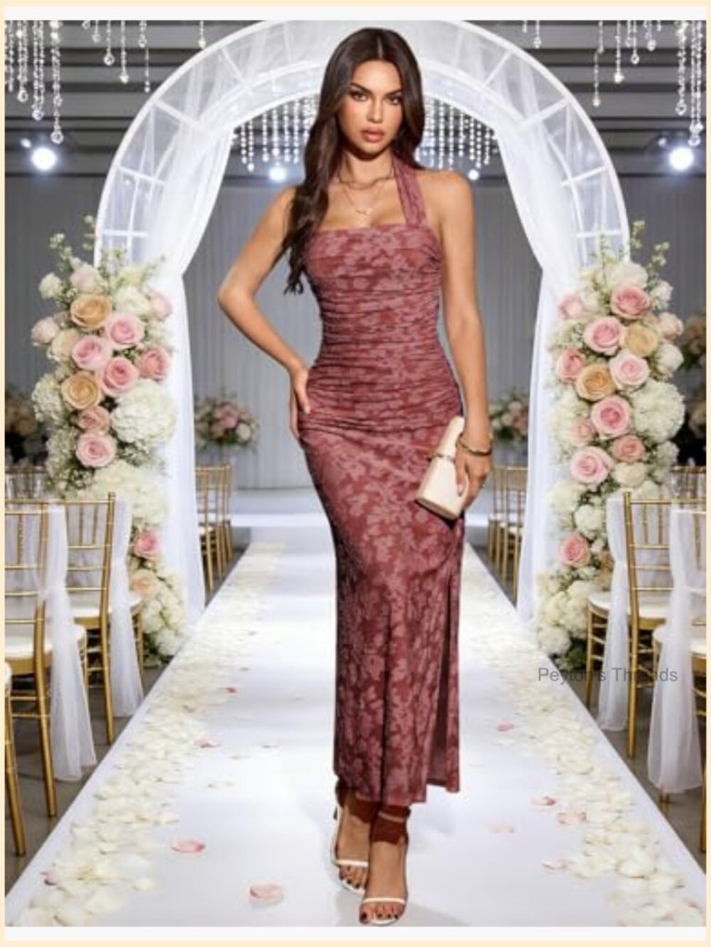 Women's Floral Halter Bodycon Backless Maxi Ruched Cocktail Party Dress - Picture 4 of 7